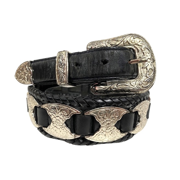Vintage Accessories - Vintage 90s Western Leather Silver Metal Embossed Plate Belt Black Whipstich M/L